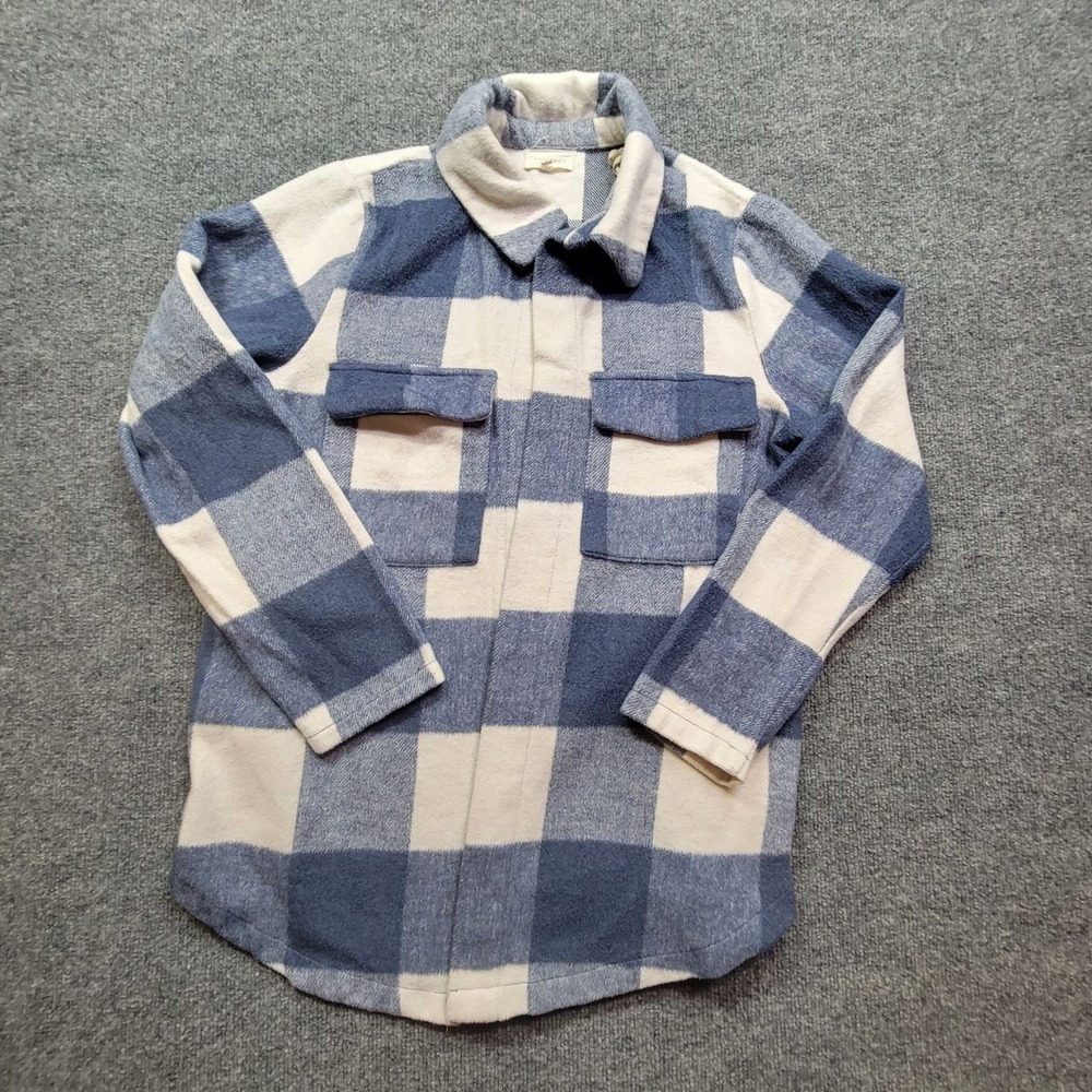 Melloday‎ Jacket Womens M Blue Plaid White Shacket Button Down Pockets Collared